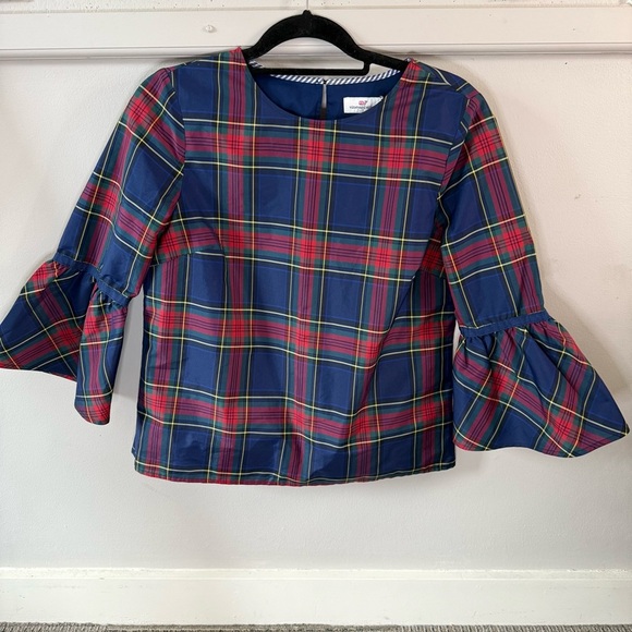 Vineyard Vines Plaid Shirt with Flared Ruffle Sleeves Navy Red Christmas Style - Picture 1 of 6